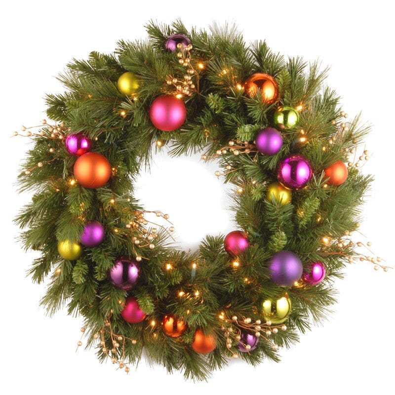 Battery Powered|Timing Setting Leaflai 24 Inch Christmas Wreaths for Front Door with red Berries Snowflakes Pine Cones and 50 Warm White LED Lights Outdoor Lighted Christmas Decorative Wreath